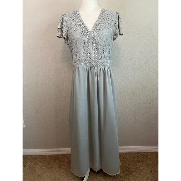 tea n rose Dresses & Skirts - New Tea N Rose Maxi Dress Women's L Blue Gray Lace Flutter Sleeve Boho Chic